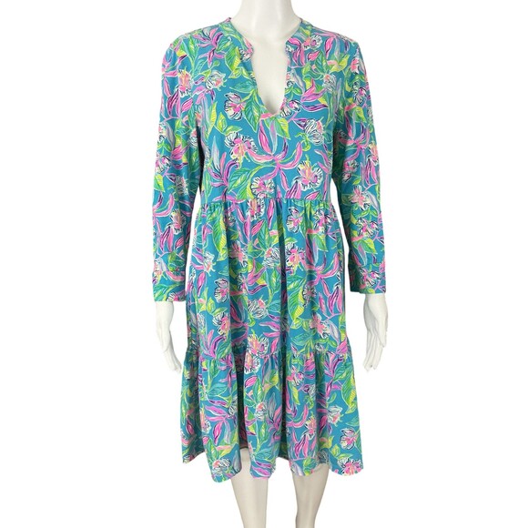 Lilly Pulitzer Alaina Dress sz L Tiered Babydoll Swing Formentera Turquise BOHO - Picture 6 of 13